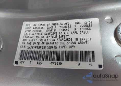 2003 Honda Element Ex from USA, damaged, VIN 5J6YH18543L000615
